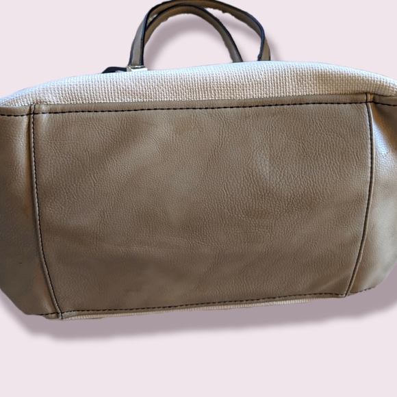 Benetton classic linen style vegan leather hand bag cream and brown medium 14" - Picture 7 of 10